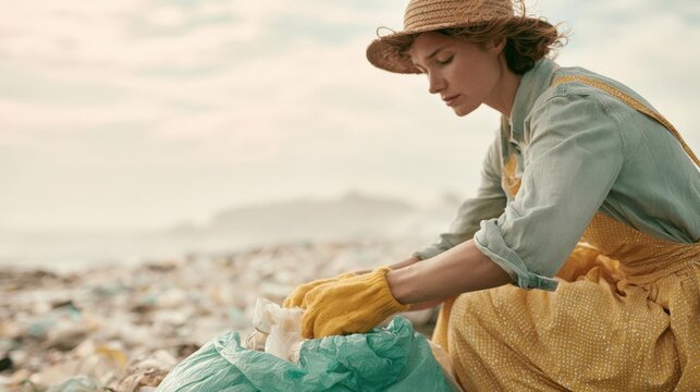 Young woman wearing a straw hat and a yellow dress with white polka dots. she is kneeling on a pile of garbage and is holding a green plastic bag in her hands.