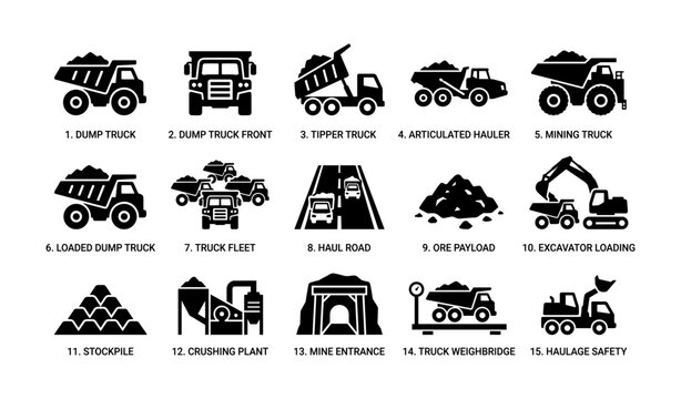 Mining and haulage truck icons and transportation symbols