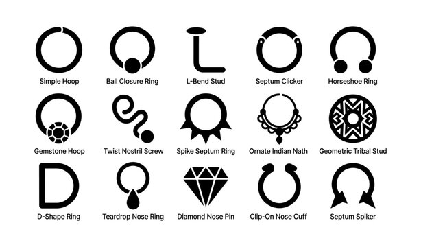 Various nose and septum jewelry icons on white background