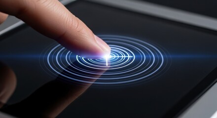Fototapeta premium Finger touching a digital screen with glowing concentric circles interface