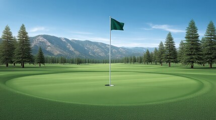 Obraz premium Serene Golf Course Landscape with Green Flag, Majestic Mountains, Lush Green Grass, and Pine Trees Under Clear Blue Sky