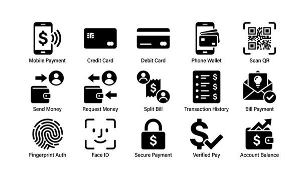 Mobile payment and wallet icons displaying transaction functions