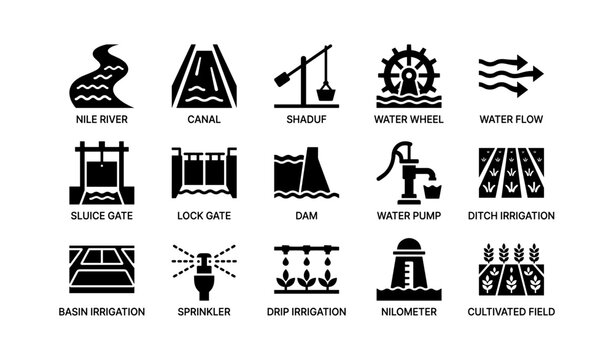 Water management and irrigation icons arranged in grid on white