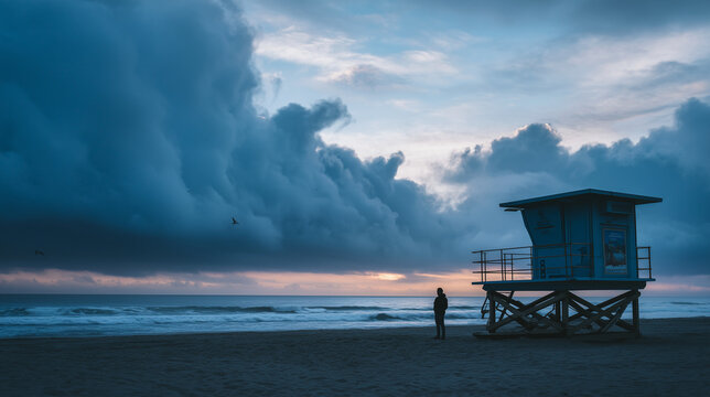 Silhouetted lifeguard tower and lone figure on empty beach at twilight under dramatic storm clouds