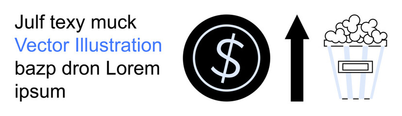 Fototapeta premium Financial growth, entertainment trends, business revenue, cinema marketing, graphic design, leisure activities. Black dollar sign, arrow pointing up popcorn bucket. Financial growth