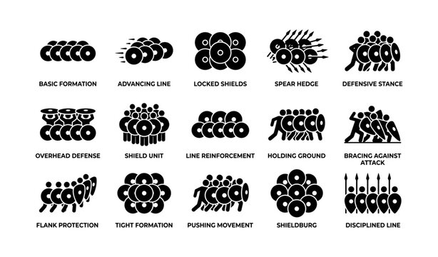 Shield unit icons illustrating formation tactics on white background