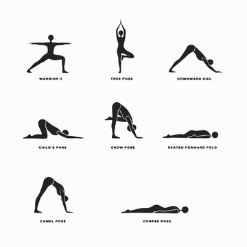 Set of yoga poses silhouettes with names warrior ii tree pose downward dog