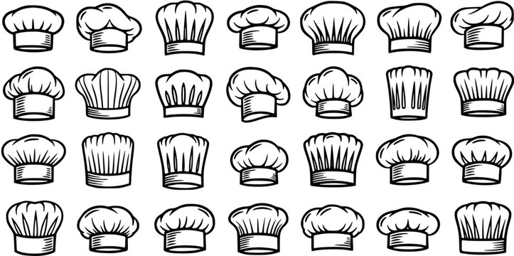 Culinary Food Industry Chef Hats Black and White Line Art Icons Set. A collection of various cook toques, kitchen staff headwear, and restaurant worker symbols.