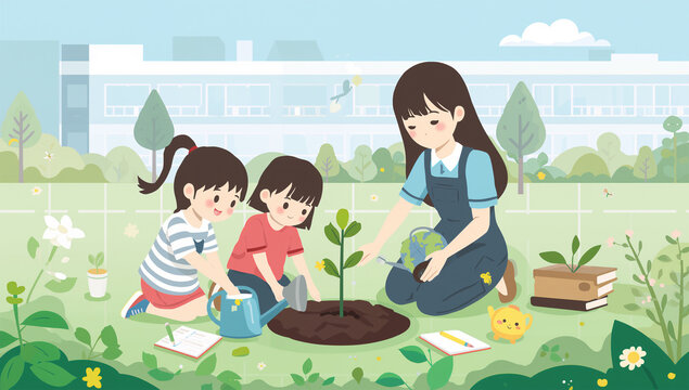 春の校庭で植樹を学ぶ日本人の子供たちの教育イラスト