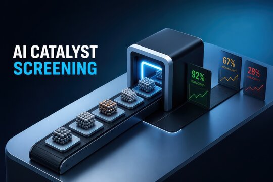 Focused AI catalyst screening concept with glowing analytics and automated testing pipeline in a futuristic lab atmosphere