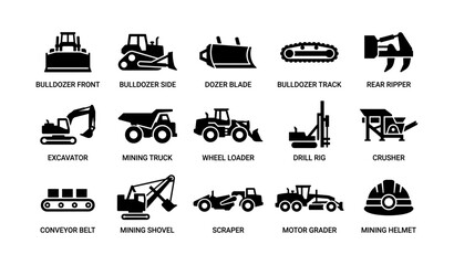 Fototapeta na wymiar Construction and mining equipment icons arranged on white background