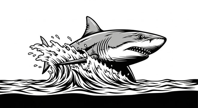Shark Leaping Out of Water Illustration for Marine Theme.
