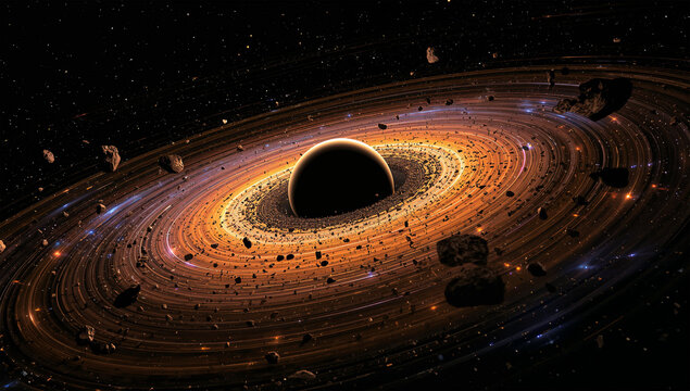 ブラックホールが小惑星群を吸い込む深宇宙の3D素材