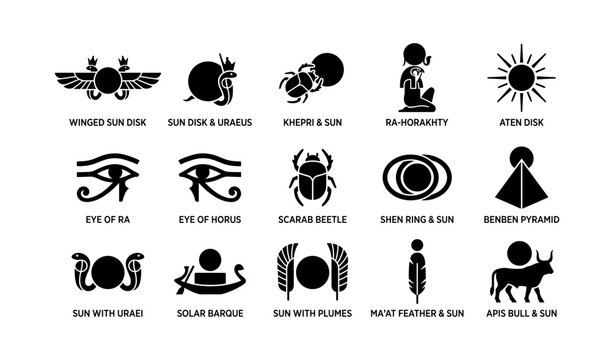 Ancient egyptian sun and solar symbols arranged on grid