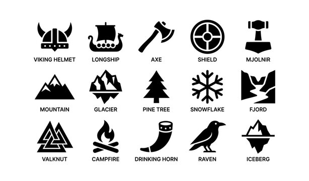 Viking and norse symbols illustrated as black icons on white