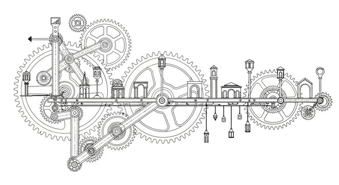 Intricate mechanical drawing with gears, levers, and architectural elements in a complex, fantastical machine design.