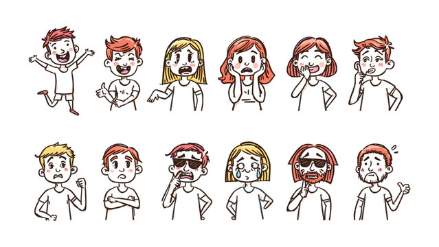 Emotion Array: A compilation of expressive characters embodies a spectrum of emotional states, from pure elation to quiet contemplation. Capturing the diverse landscape of human emotion.