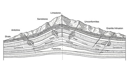 Obraz premium Detailed geological cross-section illustrating various rock formations, structural folds, faults, and igneous intrusions.