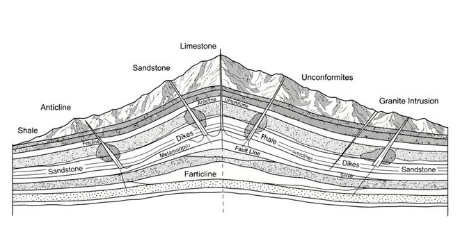 Detailed geological cross-section illustrating various rock formations, structural folds, faults, and igneous intrusions.