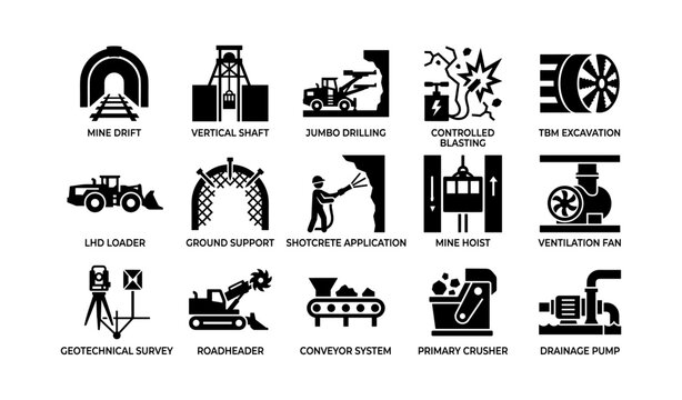 Mining and tunneling equipment icons on white background
