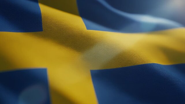 A 3D illustration of the national flag of Sweden with its yellow cross on a blue banner waving in the wind as a proud swedish country symbol of patriotism for the northern nation in Europe