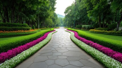 Obraz premium Serene Landscape Pathway Surrounded by Lush Greenery and Vibrant Flower Borders in a Beautiful Park Setting