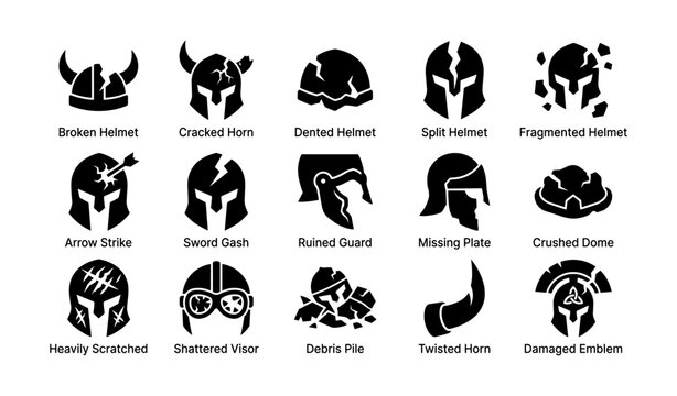 Damaged helmet icons showing cracks and breaks in designs