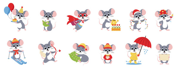Obraz premium Cute animals mouse chracters. Mouse in different situations: Christmas, winter, spring, summer, autumn, birthday, reading, drinking tea, Valentine's Day.