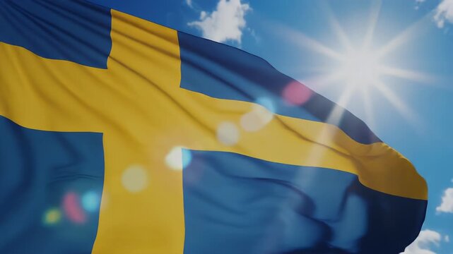Sweden flag waving in the wind. Swedish national country flag on blue sky background