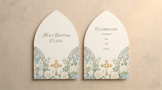 Holy Baptism invitation mockup with gothic arch cards. Elegant design featuring stained glass windows, golden cross, and white roses on a beige background. Professional digital rendering.