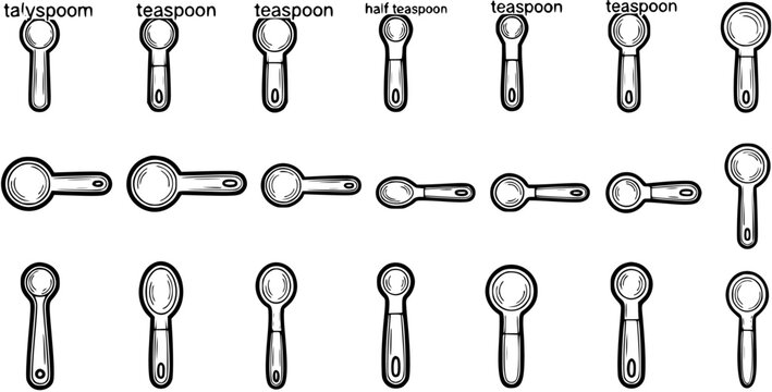 Black and White Line Art Kitchen Measuring Spoons Icon Set for Cooking, Baking, and Food Preparation. Simple Hand-drawn Measurement Tools.