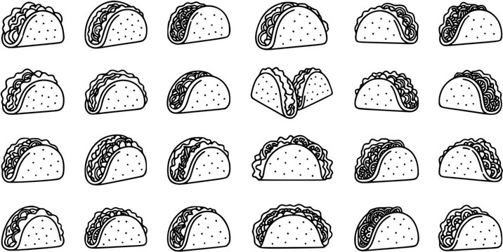 Food Tacos Black and White Line Art Set. Hand-Drawn Doodle Outline Collection of Mexican Fast Food Elements.