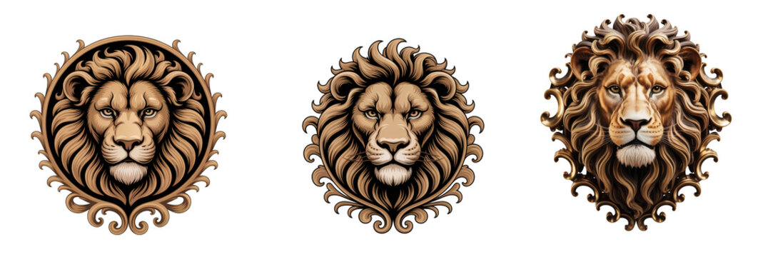 Set of three majestic lion head emblems with ornate decorative frames isolated on transparent background