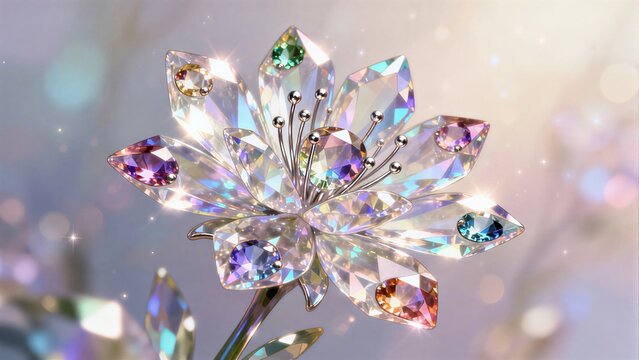 Dreamy crystal flower with transparent glass petals and jewel accents, close-up, fantasy floral background