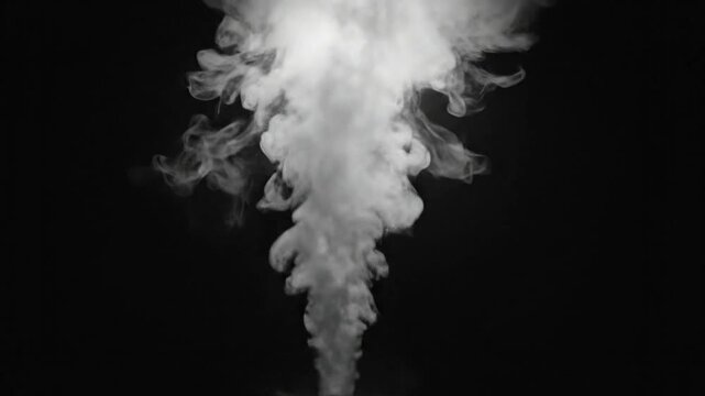 Dramatic plume of dense white smoke rising against a dark black backdrop under a single spotlight