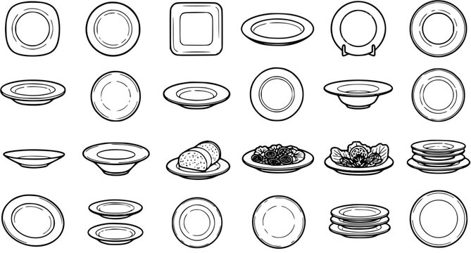 Food and Drink Tableware Outline Icons Set - Black  White Line Art Collection of Restaurant Plates, Dishes, and Bowls