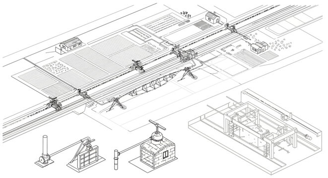 Detailed isometric diagram illustrating an agricultural irrigation system with water channels, pumps, and field layouts.