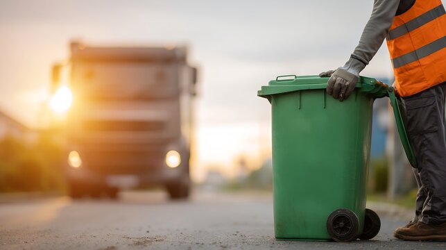 Street worker moves trash bin
