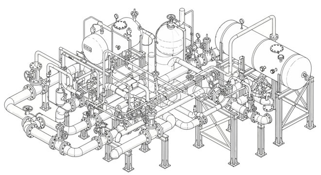 Isometric line drawing of a complex industrial piping and vessel system.