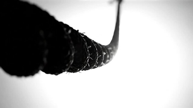 Low angle close-up shot of a dark twisted rope curving against a bright white background