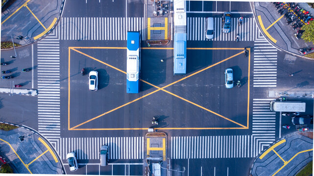 Aerial Top-Down View of a Busy City Intersection with Yellow Box Junction and Traffic