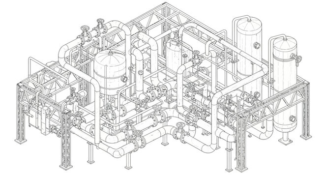 Detailed wireframe rendering of a complex industrial piping and tank system.