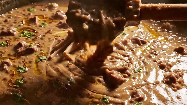 Traditional Hyderabadi Haleem stew garnished with coriander and oil