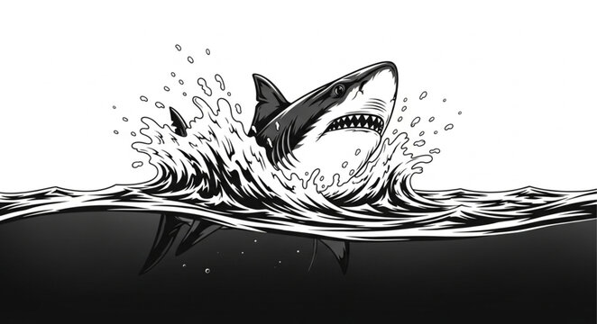Shark Emerging from Water with Splash Action.