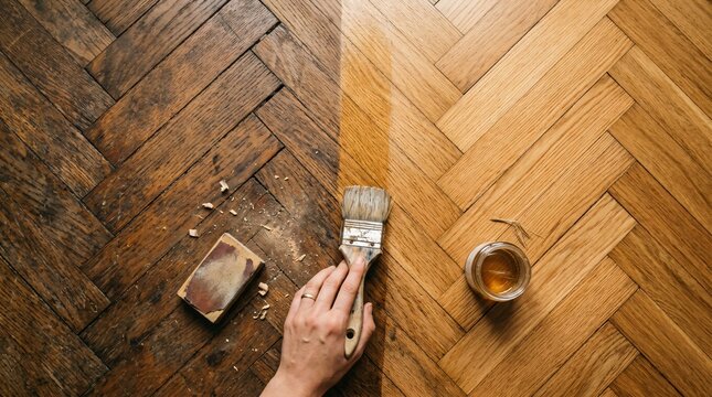 Worker applying varnish to wooden parquet floor. Comparison of old and restored surface. Home renovation and furniture maintenance craft. Improving interior design with floor refinishing.