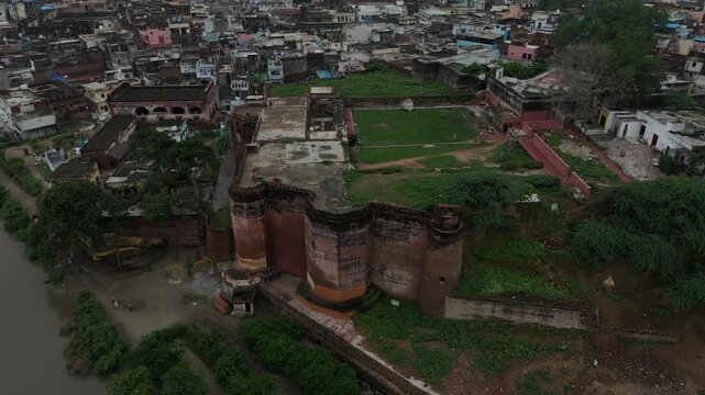 Aerial view of Kans Quila (Kans Fort) and Yamuna River, Mathura, Uttar Pradesh