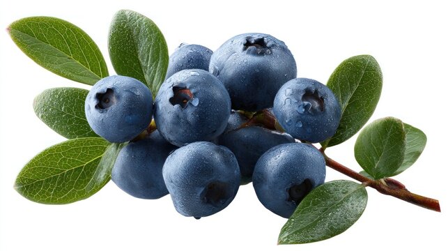 Fresh blueberries on a green stem with leaves isolated on white background
