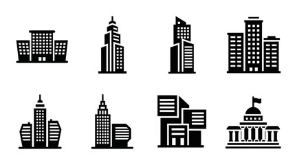 8 Building silhouette icons skyscraper office government structures, solid black style, real estate business © Sijan