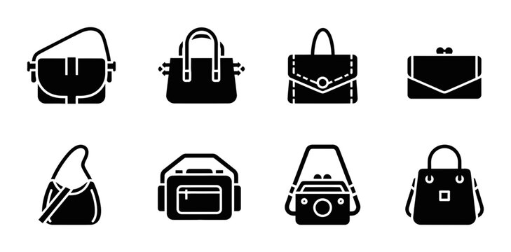 8 Handbag silhouette icons purse clutch satchel, solid black style, fashion accessories set
