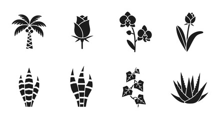Obraz premium 8 Plant silhouette icons palm rose orchid tulip aloe vera ivy, solid black style, nature botany set